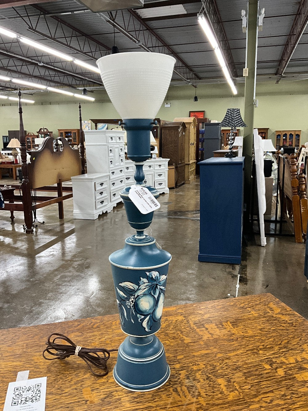 Vintage Blue Lamp with Milk Glass Shade